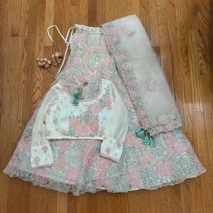 Elegant Colorful Floral Embroidered Lehenga Set - white pink green - BRAND NEW